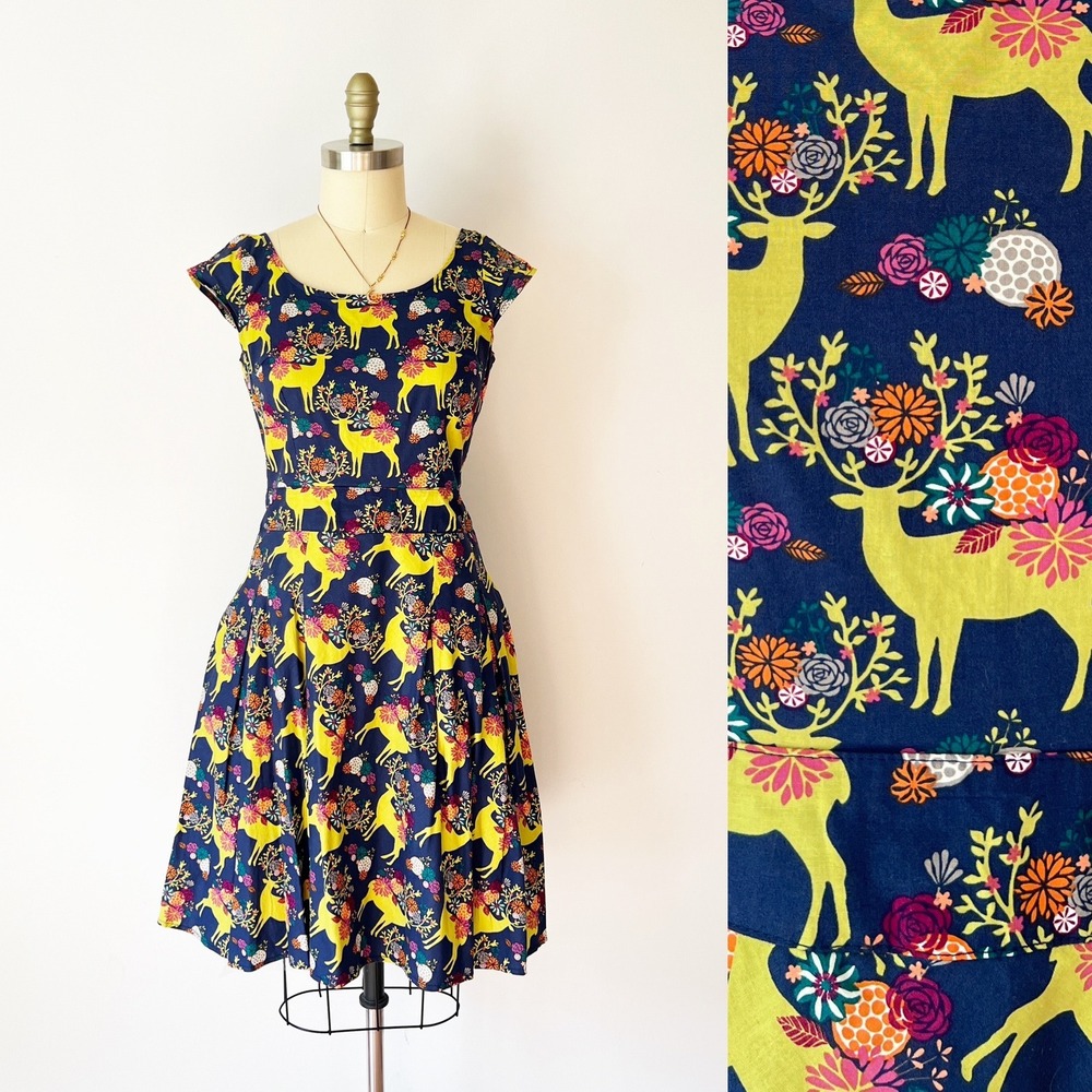 Retrolicious Fit and Flare Dress Navy Blue Yellow Deer Floral Print Pockets M
